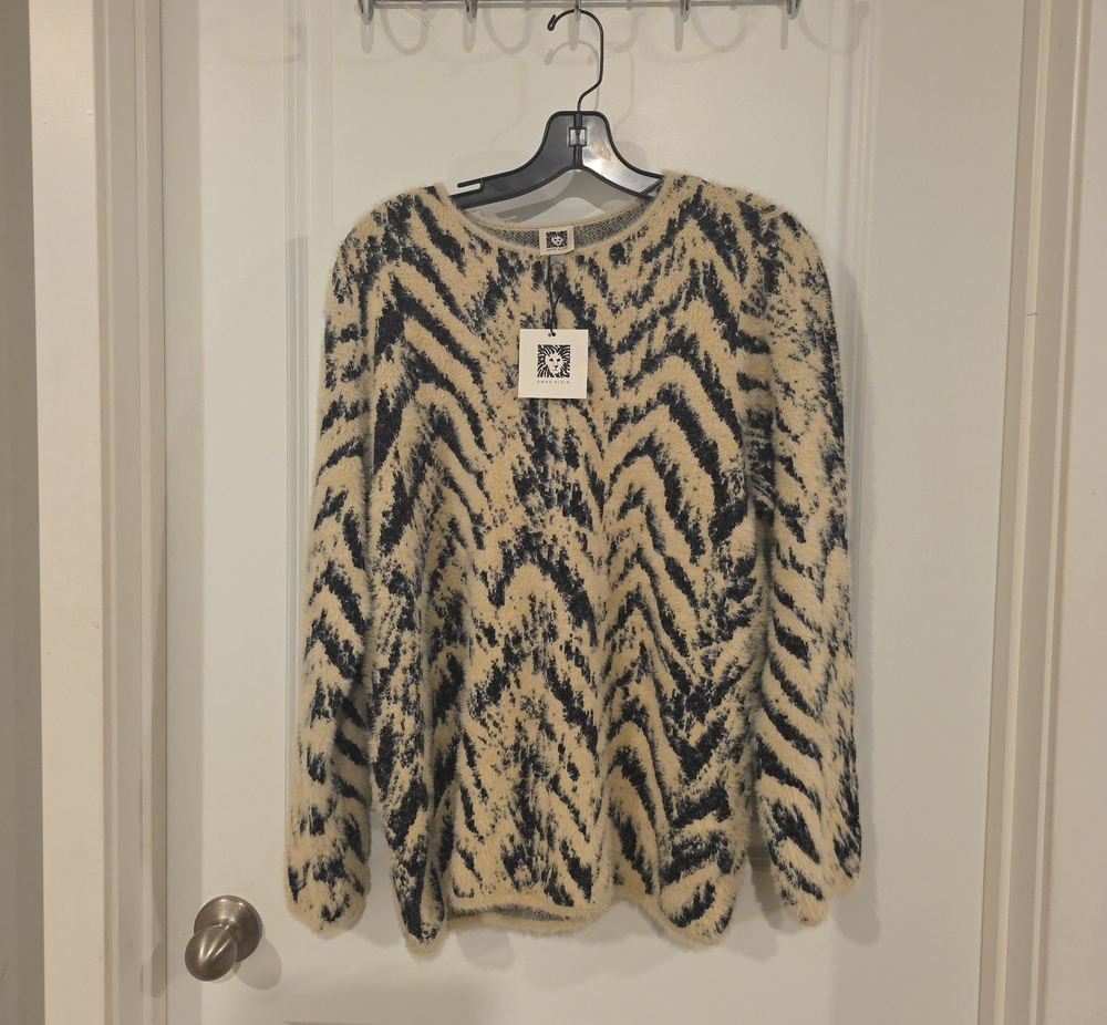 Anne Klein Cream and Black Abstract Crewneck Sweater